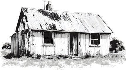 Sleek Vector Artwork Showcasing a Weathered Iron Cottage with Poetic Deterioration and Solitary Enduring Strength