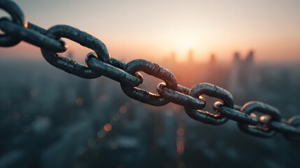High Contrast Urban Elegance: Suspended Metallic Links Over a Diffused Metropolis at Sunset Exuding Power and Resilience