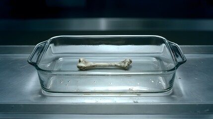Intricate Scientific Observation of a Bone-Shaped Object in a Transparent Glass Dish on a Sleek Metallic Surface