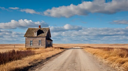 Aged Farmhouse Amidst a Vast Open Expanse on a Deserted Country Road Illustrating Rustic Calm and Reflective Isolation