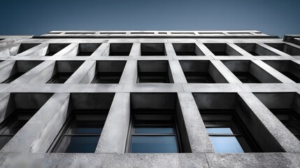 Intricately Detailed Urban Concrete Facade with Expansive Modern Windows Reflecting a Clear Blue Sky