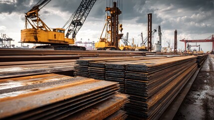 Detailed Panoramic Industrial Construction Site Featuring Stacked Steel Sheet Piles and Dynamic Heavy Machinery in Action