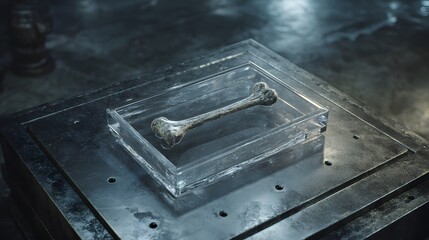 Meticulous Scientific Display of a Mysterious Bone Artifact in a Clear Glasslike Tray on a Cold Metallic Platform