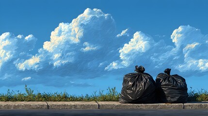 Detailed Vivid Illustration of Environmental Consciousness Featuring Black Trash Bags on a Pavement with a Luminous Blue Sky and Soft Clouds