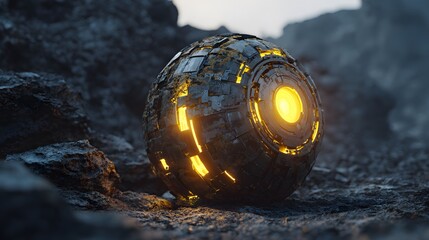 Intricate depiction of a rusty spherical futuristic device emitting intense glowing yellow light over a dark, rocky, and alien barren landscape with mesmerizing technical details