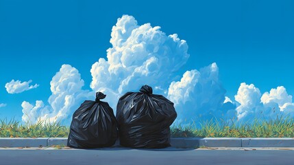 Detailed Vivid Illustration of Environmental Consciousness Featuring Black Trash Bags on a Pavement with a Luminous Blue Sky and Soft Clouds