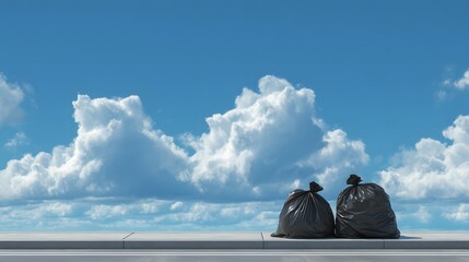Detailed Photorealistic Image of Urban Waste Management Featuring Black Garbage Bags on a Clean Sidewalk Under a Fluffy Blue Sky Emphasizing Environmental Awareness