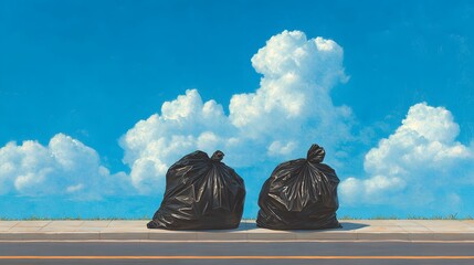 Detailed Photorealistic Image of Urban Waste Management Featuring Black Garbage Bags on a Clean Sidewalk Under a Fluffy Blue Sky Emphasizing Environmental Awareness