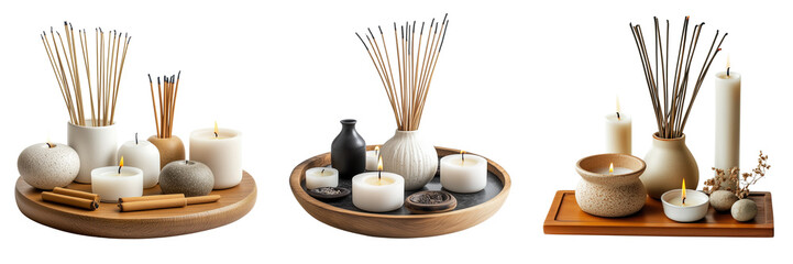 Collection of  modern spiritual altar with candles and incense isolated on a transparent background