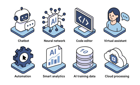Ai tools icon set featuring chatbot, neural network, and virtual assistant for digital solutions