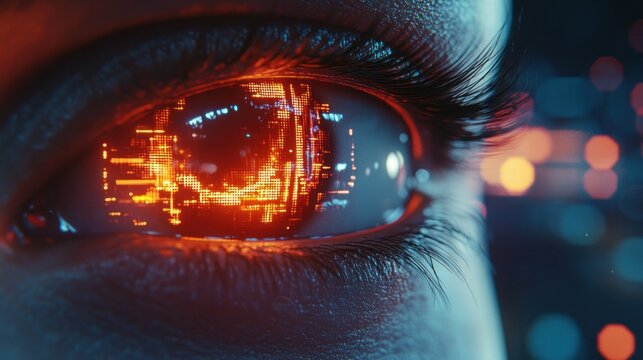 Close-up of futuristic eye with glowing digital display