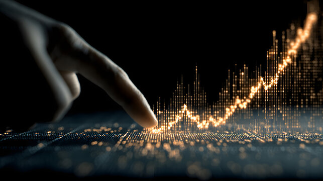 Ascending Trend Visualized with a Finger Guiding a Glowing Line Chart on a Dark Grid Backdrop.