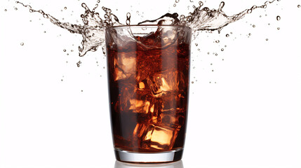 Cola glass with ice and dramatic splash