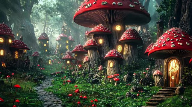 Magical mushroom village nestled in a whimsical forest at twilight, Magical mushroom village in a whimsical forest, fantasy video background