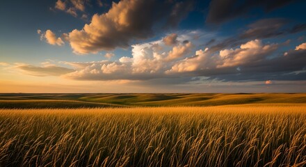 Golden wheat field under a dramatic sunset sky, capturing natural beauty.