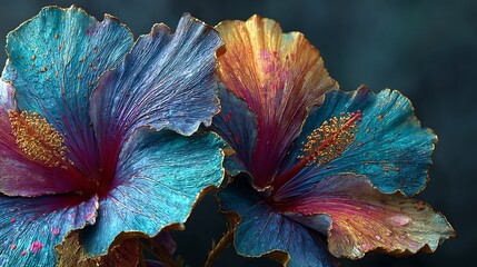 Vibrant blue and orange hibiscus flowers with intricate petal detail and textured background
