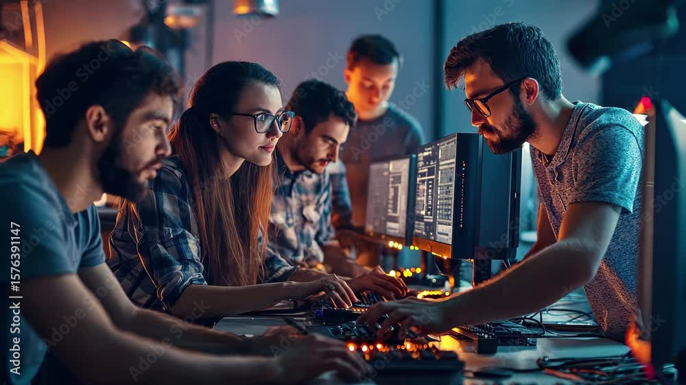 Poster team of electronics workers collaborating in a tech driven environment at night, team of workers in 