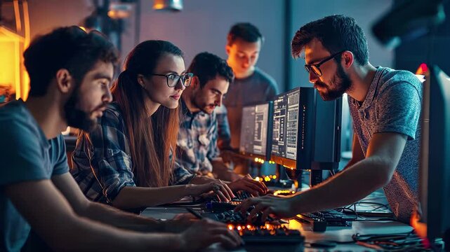 Team of electronics workers collaborating in a tech driven environment at night, Team of workers in an electronics factory working on computer testing and repair