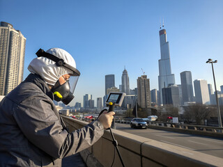 Person in protective gear measures air quality in city area