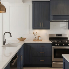 The kitchen features blue cabinets, a light above the sink and faucet, a marble countertop, and stainless steel appliances.