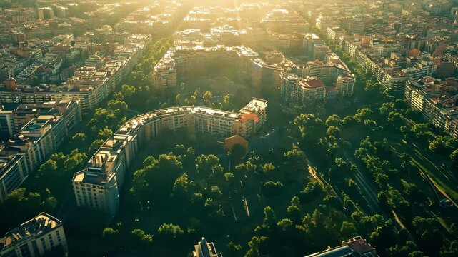 Cinematic aerial view of Madrid showcasing the city's unique architecture and green spaces at sunset, Aerial view of the city of Madrid, Spain Cinematic
