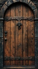 Fototapeta premium Old Wooden Door with Stone Frame and Decorative Hardware