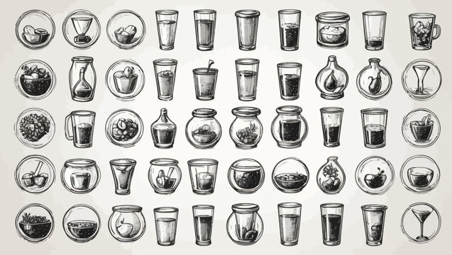Black and white grid of various cups, mugs, and glasses for beverage design, cafe branding, and kitchen illustration themes