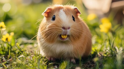 Close-up of a guinea pig eating a treat in a grassy area.