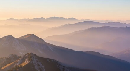 Majestic Mountain Range at Sunrise - Serene landscape of rolling mountain ranges bathed in the soft light of sunrise, creating a hazy, peaceful atmosphere