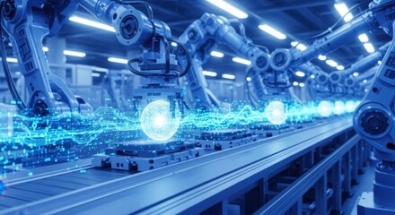 Fototapeta premium Electronic data flow interacting with robotic arms in cuttingedge industrial assembly line.