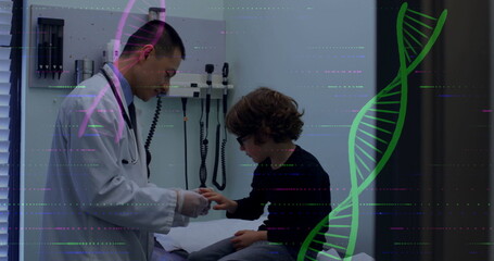 Mid adult Asian doctor examining boy's hand in exam room, with stethoscope and disposable gloves