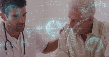 Physician placing hand on senior patient shoulder in clinic, with stethoscope and globe holograms