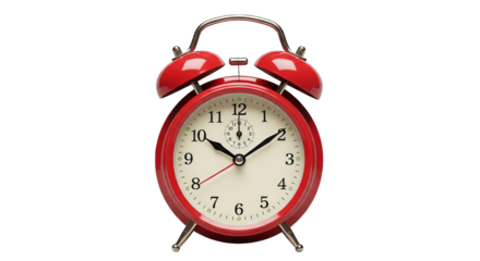 A vibrant red twin-bell alarm clock stands out against a stark black background, time ticking.
