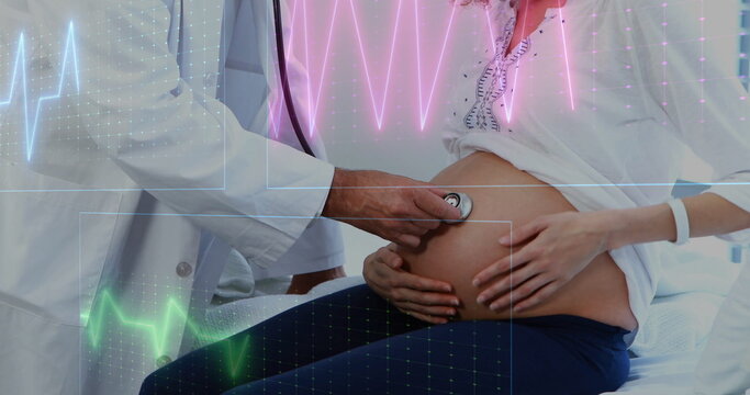 Doctor in lab coat examining pregnant woman's abdomen in clinic, with stethoscope and ECG overlays