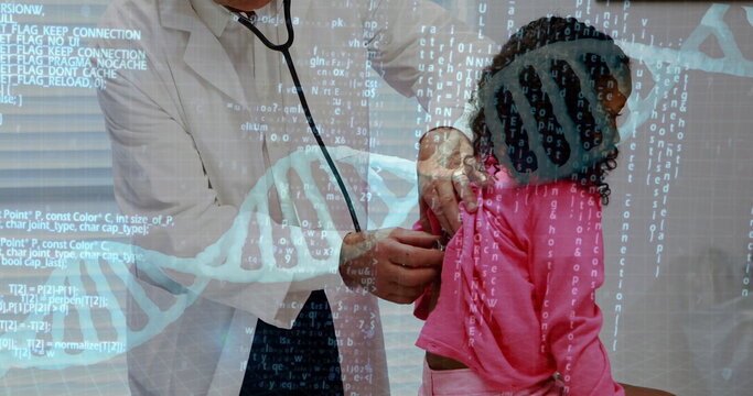 White-coat doctor placing stethoscope on girl in clinic, with code overlay and double-helix graphic