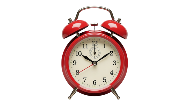 A vibrant red twin-bell alarm clock stands out against a stark black background, time ticking. - Powered by Adobe