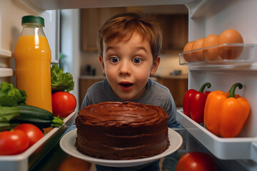 Excited Boy Discovering Chocolate Cake in Refrigerator. Point of View Shot Surrounded by Fresh Groceries