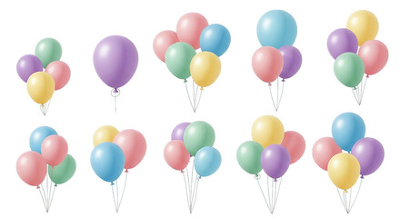 Pastel party balloons float against a stark black backdrop creating a festive, cheerful mood.