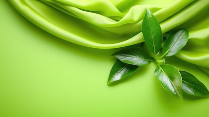 Obraz premium Green silk fabric draped elegantly with fresh leaves creating a vibrant natural composition