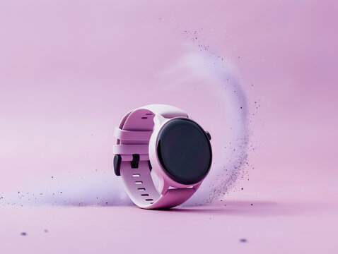 smartwatch with digital display turned off, tiny dust specks, hovering on pastel lilac background