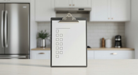 Clipboard with checklist in a modern kitchen setting