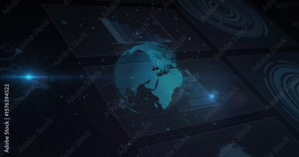 Poster projecting holographic globe rotating with data points in digital command hub, with radar ui