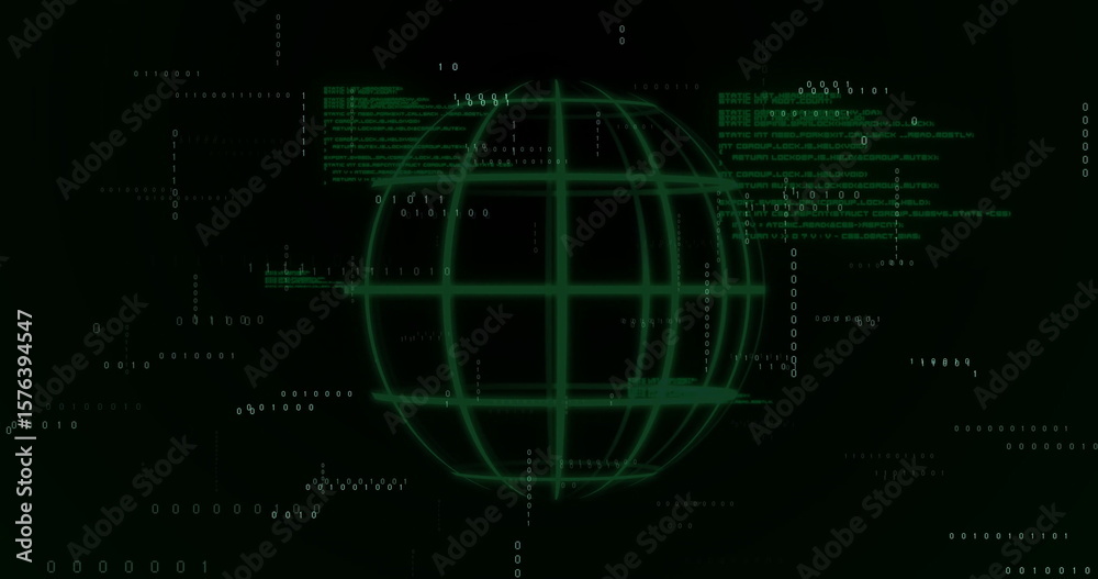 Poster Glowing green wireframe globe rotating in virtual space, with binary digits and code fragments