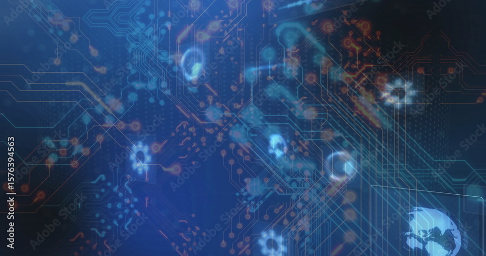 Poster displaying abstract network pattern in security panel, with circuit traces skull icons earth map