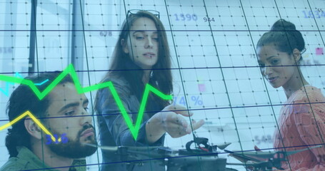 Analyzing drone with grid overlay and line charts, team standing around office table with tablet