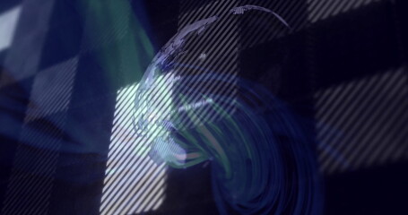 Floating globe showing neon lines on holographic display, with grid panels and diagonal stripes