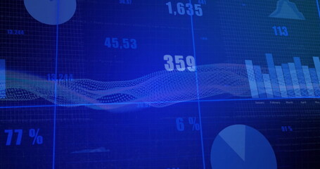 Dashboard view showing data on dark grid background with line bar pie charts and numeric overlays