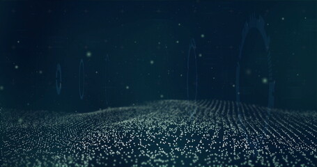 Rippling wave-like field of glowing dots flowing in digital matrix, with faint rings