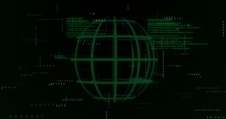 Glowing green wireframe globe rotating in virtual space, with binary digits and code fragments