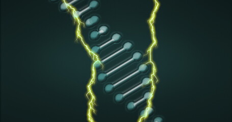 Displaying stylized DNA double helix winding in digital environment, with yellow electric arcs